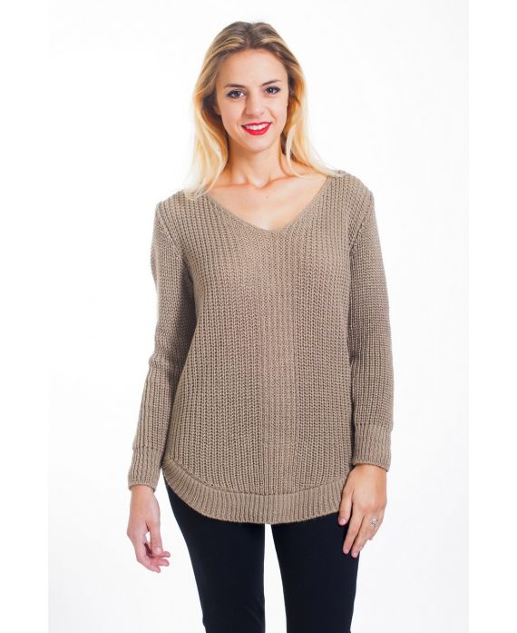 PULLOVER IN MAGLIA CON SCOLLO A V 4452 BEIGE