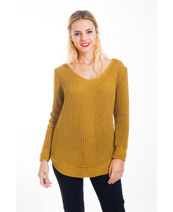 PULLOVER IN MAGLIA CON SCOLLO A V 4452 SENAPE