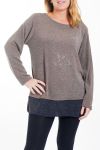 GRANDE TAILLE PULL TUNIQUE ETOILE STRASS 4456 TAUPE