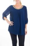 GRANDE TAILLE BLOUSE ENCOLURE FANTAISIE 4457 BLEU MARINE