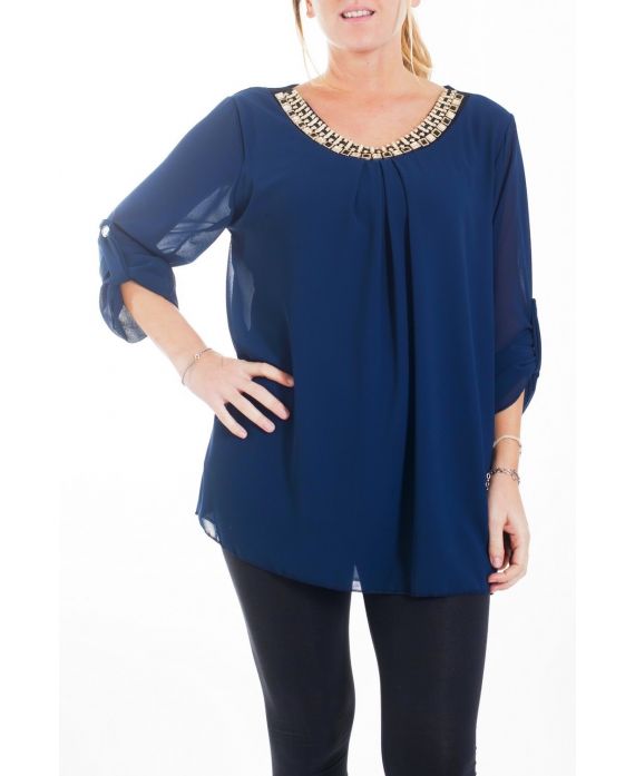 GRANDE TAILLE BLOUSE ENCOLURE FANTAISIE 4457 BLEU MARINE