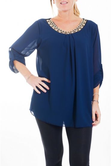 GROOT FORMAAT HALS BLOUSE FANCY 4457 NAVY BLAUW