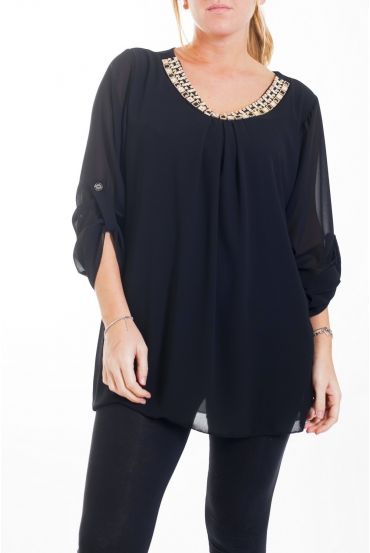 GRANDE TAILLE BLOUSE ENCOLURE FANTAISIE 4457 NOIR