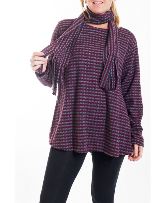 GRANDE TAILLE PULL + ECHARPE 4458 BORDEAUX