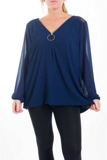 GRANDE TAILLE BLOUSE DENTELLE ENCOLURE ZIPPEE 4463 BLEU MARINE