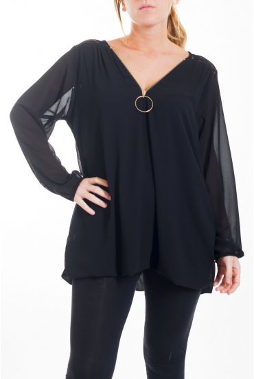 GRAN TAMAÑO DE LA BLUSA DE ESCOTE DE ENCAJE ZIPPEE 4463 NEGRO