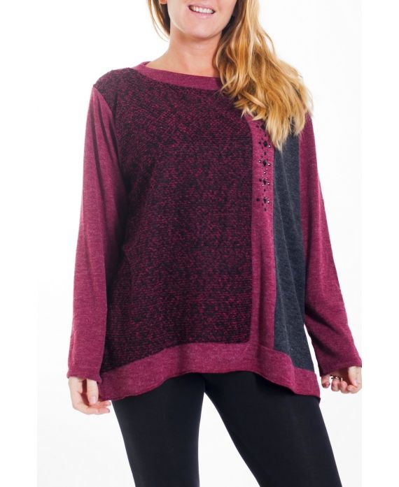 GRANDE TAILLE PULL MIX MATIERES 4464 BORDEAUX