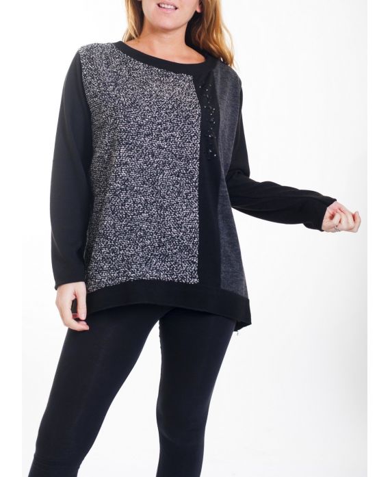 GRANDE TAILLE PULL MIX MATIERES 4464 NOIR