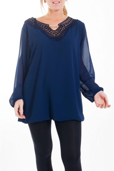 LARGE SIZE TUNIC NECKLINE EMBROIDERY FANCY 4465 NAVY BLUE