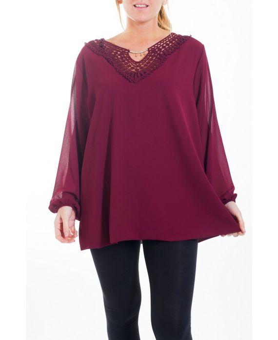 GRANDE TAILLE TUNIQUE ENCOLURE BRODERIE FANTAISIE 4465 BORDEAUX