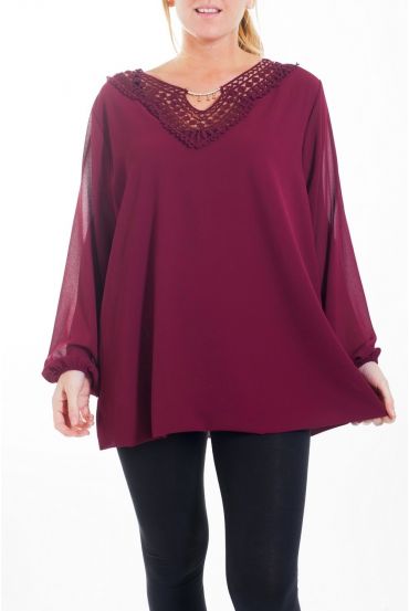 GRANDE TAILLE TUNIQUE ENCOLURE BRODERIE FANTAISIE 4465 BORDEAUX