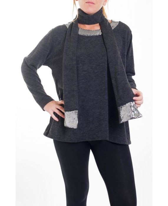 GRANDE TAILLE PULL + ECHARPES PAILLETTES 4467 GRIS