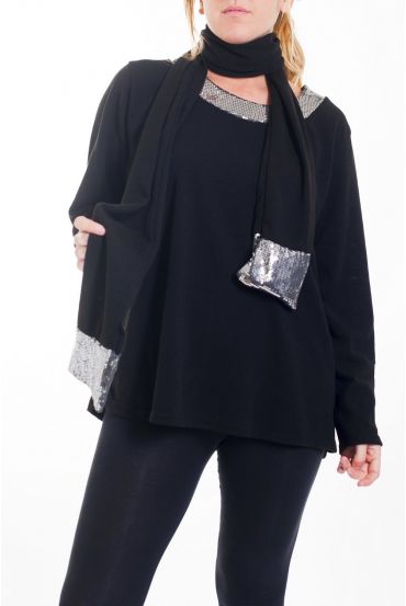 GRANDE TAILLE PULL + ECHARPES PAILLETTES 4467 NOIR