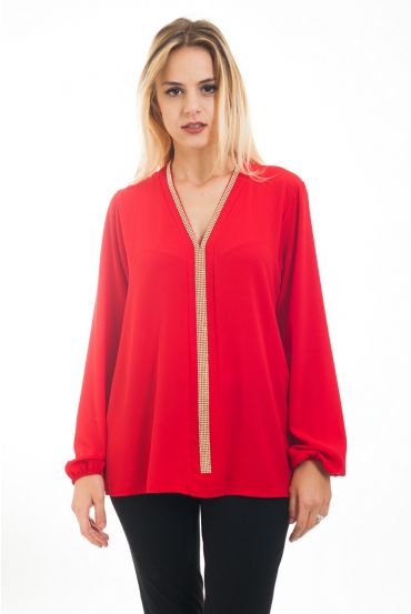 BLUSA DE DIAMANTES DE IMITACIÓN 4485 ROJO