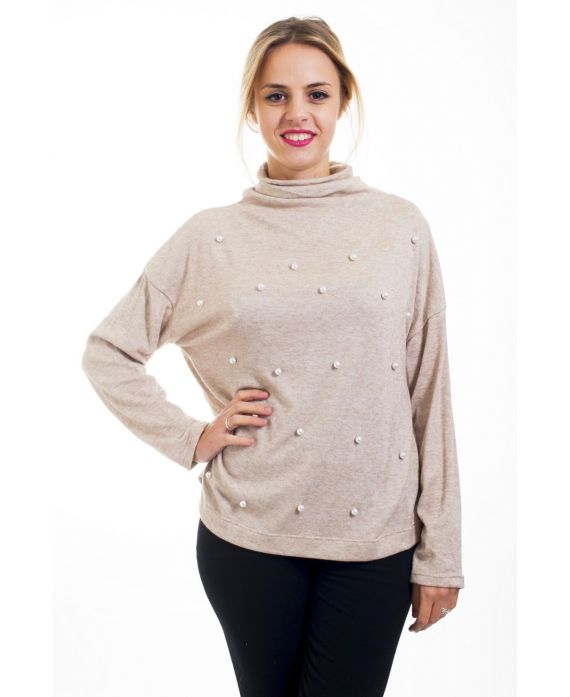 T-SHIRT MIT V-AUSSCHNITT ROLLT, PERLEN 4502 BEIGE