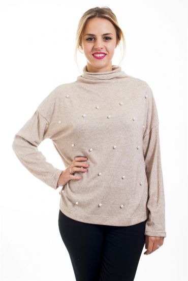 T-SHIRT COL ROULE PERLES 4502 BEIGE