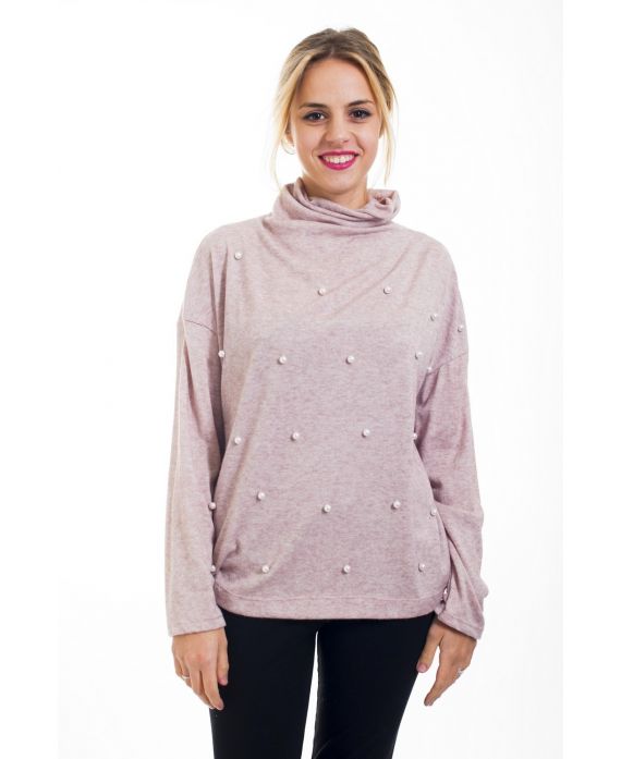 T-SHIRT COL ROULE PERLES 4502 ROSE