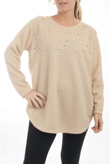 GROßE PULLOVER MIT GLANZ-EFFEKT PERLEN 4507 BEIGE