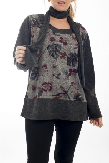 LARGE SIZE SWEATER PRINT + SCARF 4508 GREY