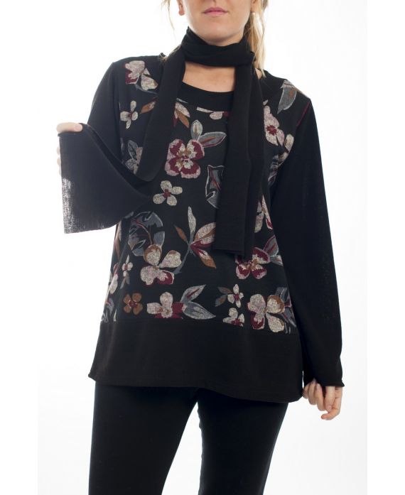 GRANDE TAILLE PULL IMPRIME + ECHARPE 4508 NOIR