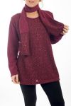 GRANDE TAILLE PULL EFFET BRILLANT + ECHARPE 4510 BORDEAUX