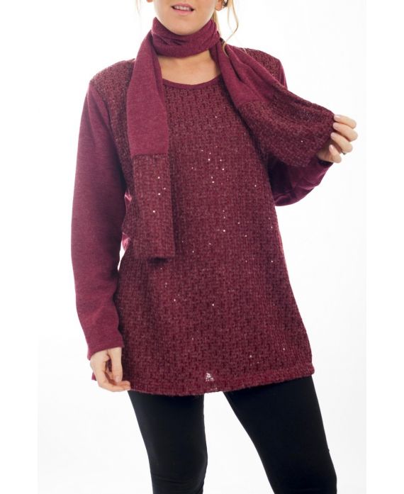 GRANDE TAILLE PULL EFFET BRILLANT + ECHARPE 4510 BORDEAUX