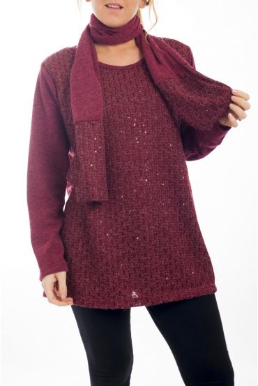 GRANDE TAILLE PULL EFFET BRILLANT + ECHARPE 4510 BORDEAUX