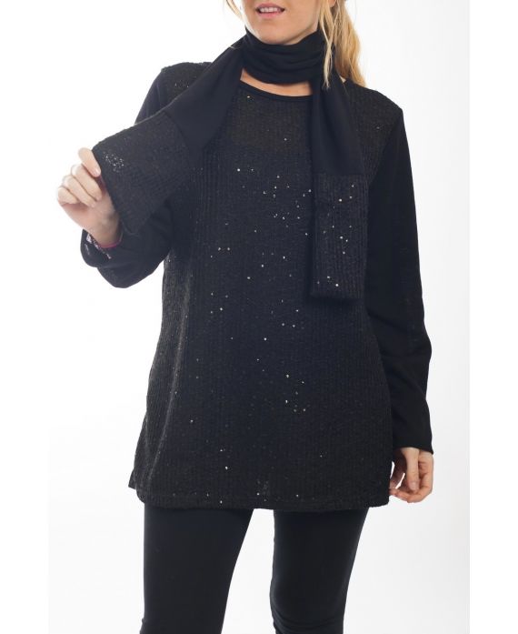 GRANDE TAILLE PULL EFFET BRILLANT + ECHARPE 4510 NOIR