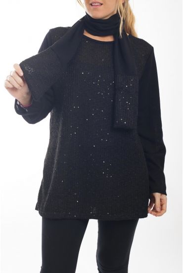 GRANDE TAILLE PULL EFFET BRILLANT + ECHARPE 4510 NOIR