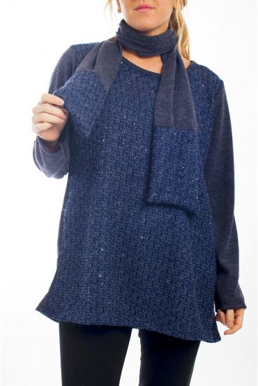 GRANDE TAILLE PULL EFFET BRILLANT + ECHARPE 4510 BLEU