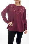 GRANDE TAILLE PULL STRASS & PERLES 4512 BORDEAUX