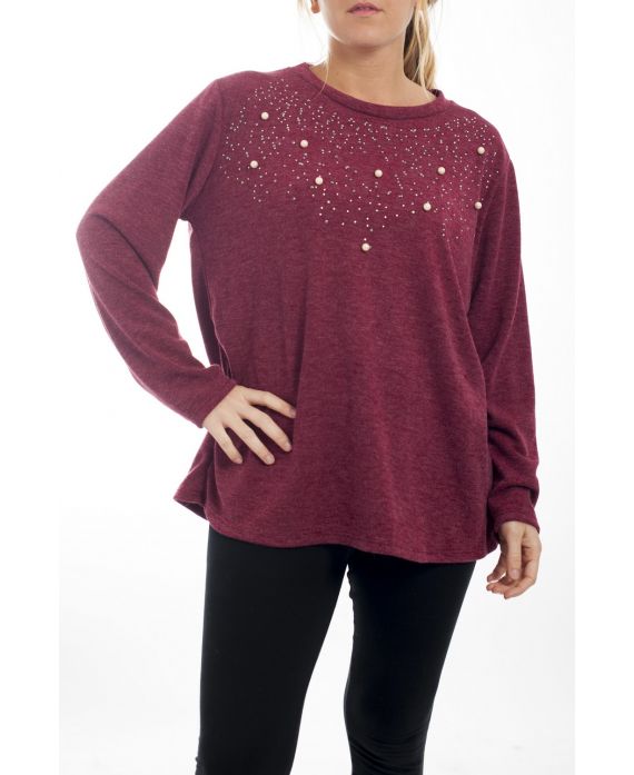 GRANDE TAILLE PULL STRASS & PERLES 4512 BORDEAUX