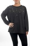 GRANDE TAILLE PULL STRASS & PERLES 4512 GRIS