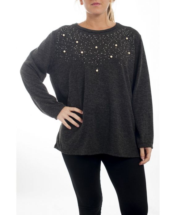 LARGE SIZE SWEATER-RHINESTONES & PEARLS 4512 GREY