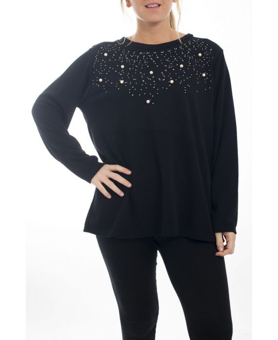 GRANDE TAILLE PULL STRASS & PERLES 4512 NOIR