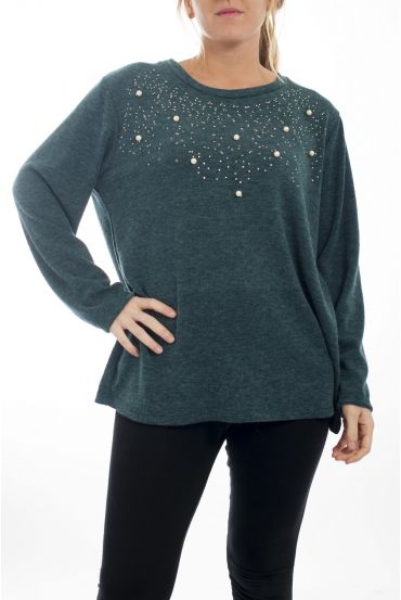 GRANDE TAILLE PULL STRASS & PERLES 4512 VERT