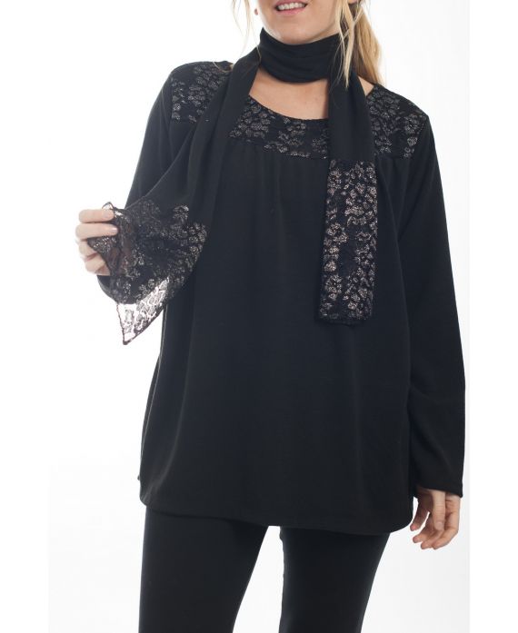 GRANDE TAILLE PULL + ECHARPE DENTELLE 4513 NOIR