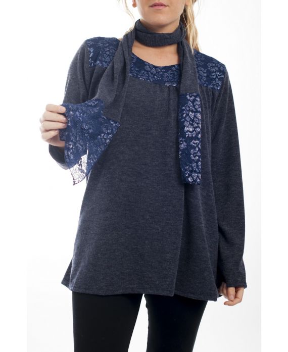 GRANDE TAILLE PULL + ECHARPE DENTELLE 4513 BLEU