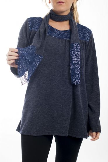 GRANDE TAILLE PULL + ECHARPE DENTELLE 4513 BLEU