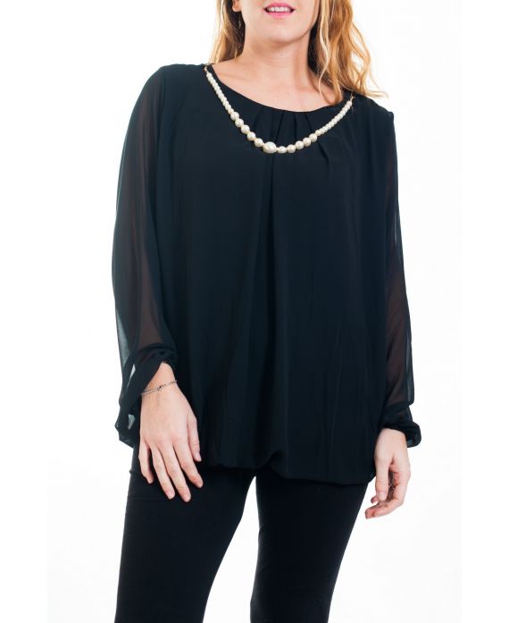 GRANDE TAILLE BLOUSE ENCOLURE FANTAISIE 4521 NOIR