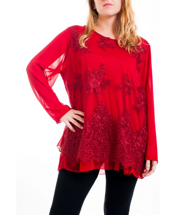 GRANDI DIMENSIONI, TOP TUNICA IN PIZZO SUPERPOSEE 4519 ROSSO