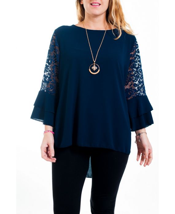 GRANDE TAILLE BLOUSE DENTELLE + COLLIER 4516 MARINE