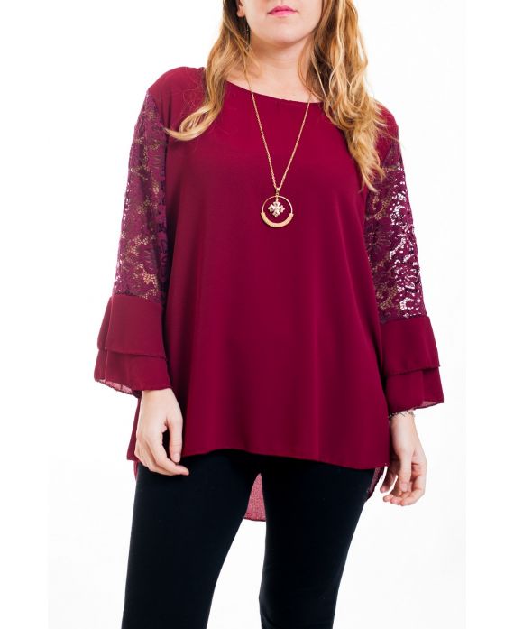 GROßE GRÖßE BLUSE MIT SPITZE + GEPOLSTERTE 4516 BORDEAUX