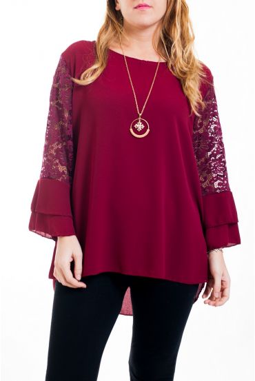 GROßE GRÖßE BLUSE MIT SPITZE + GEPOLSTERTE 4516 BORDEAUX