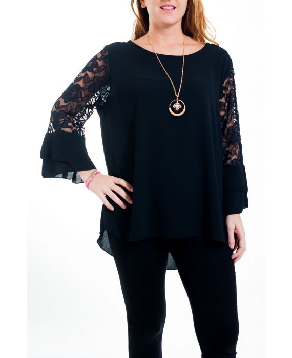 GROOT FORMAAT BLOUSE LACE + KETTING 4516 ZWART