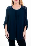 GROßE GRÖßE BLUSE MIT SPITZE UND STRASS-4515 MARINE