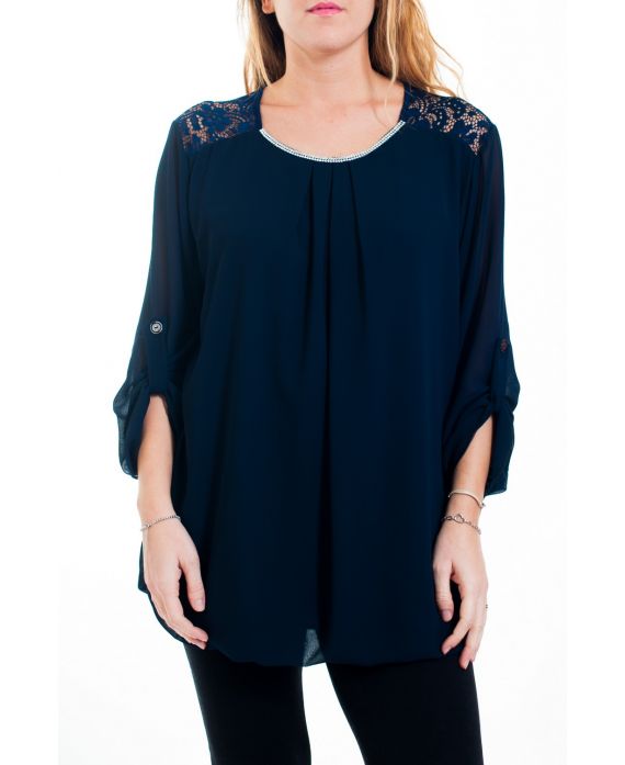 GROßE GRÖßE BLUSE MIT SPITZE UND STRASS-4515 MARINE