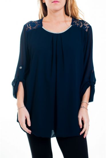 GROßE GRÖßE BLUSE MIT SPITZE UND STRASS-4515 MARINE