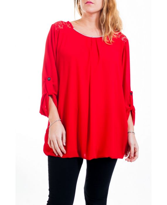 GRAN TAMAÑO DE LA BLUSA DE ENCAJE Y STRASS 4515 ROJO