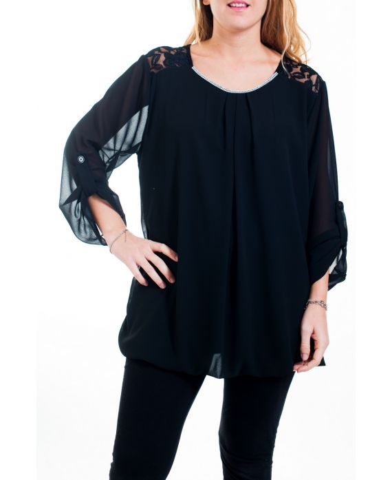 GRAN TAMAÑO DE LA BLUSA DE ENCAJE Y STRASS 4515 NEGRO